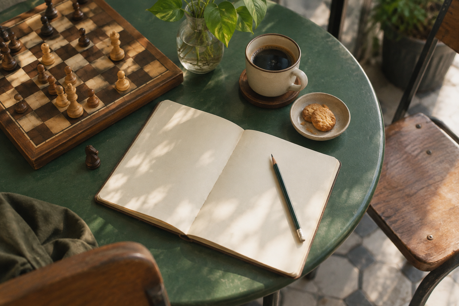Ilustrasi editorial analog buku catatan dan papan catur di meja hijau